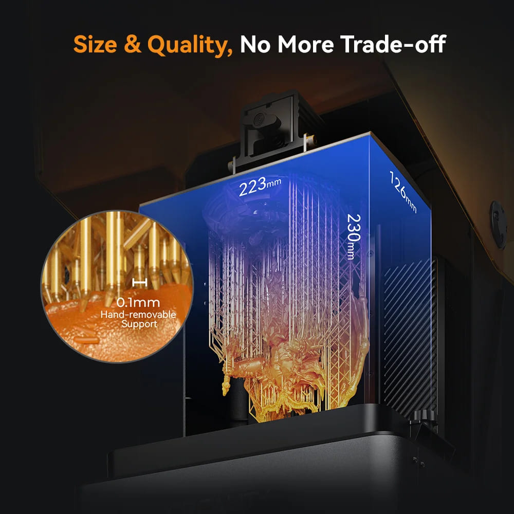 Область печати 3D принтера Creality Halot Mage S 14K составляет 223x126x230 мм Разрешение экрана Creality Halot Mage S 14K составляет 14К, которое способно обеспечивать выдающуюся четкость и точность деталей.